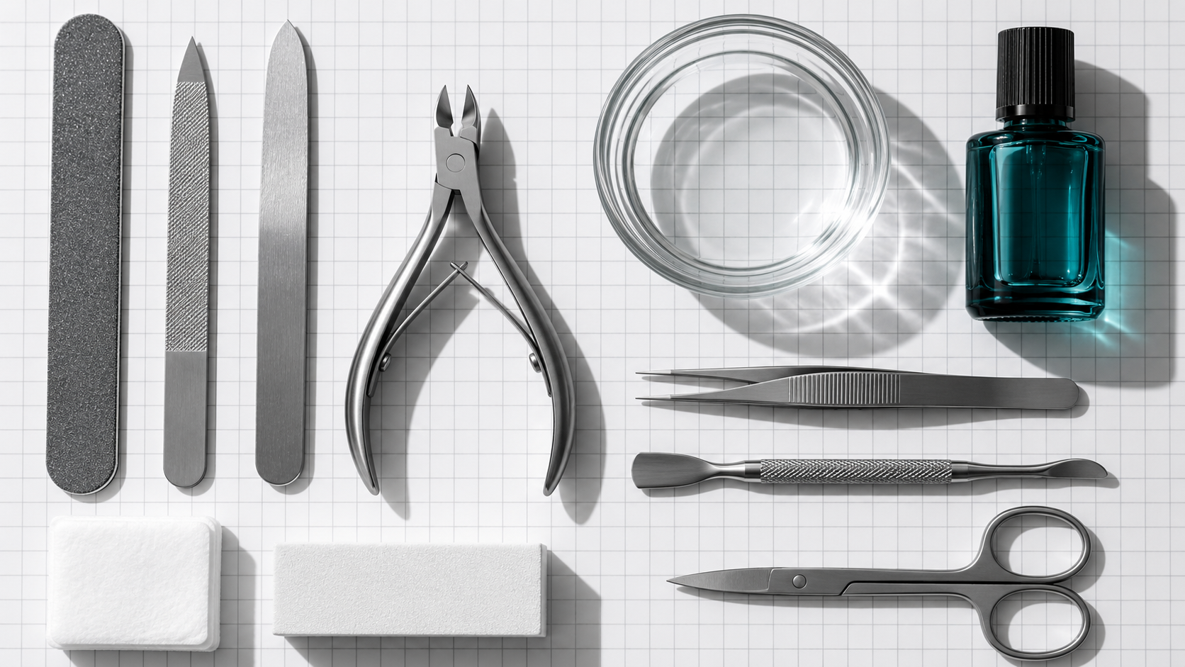 Manicure precision tools aligned on white grid paper